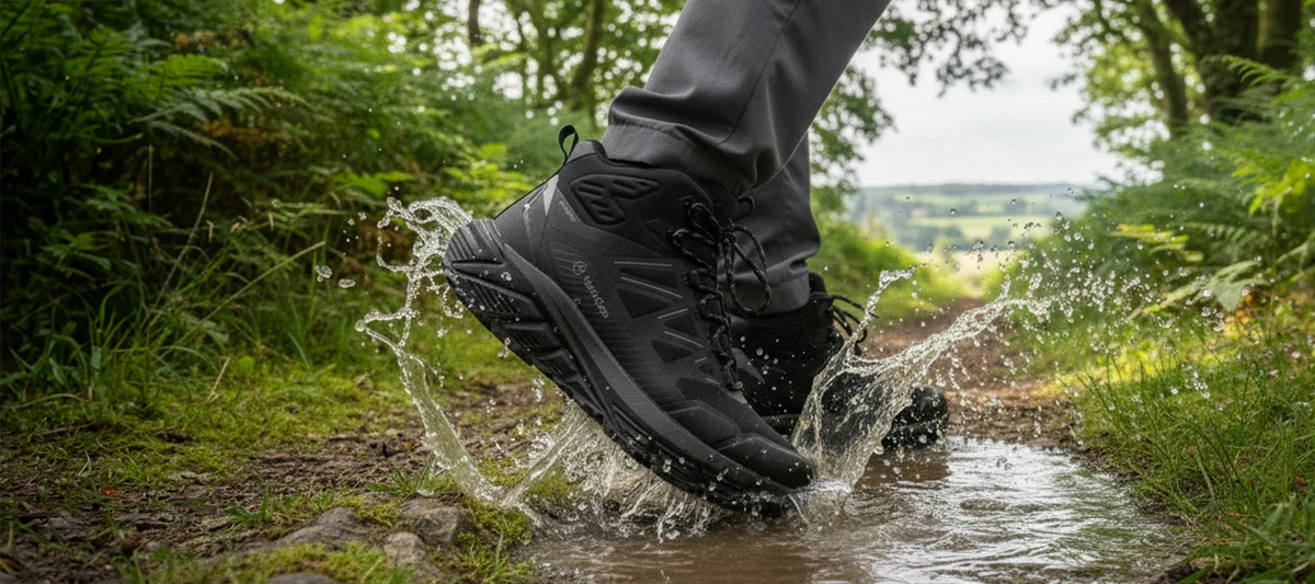 Walking boots splashing in a puddle on woodland walking trail