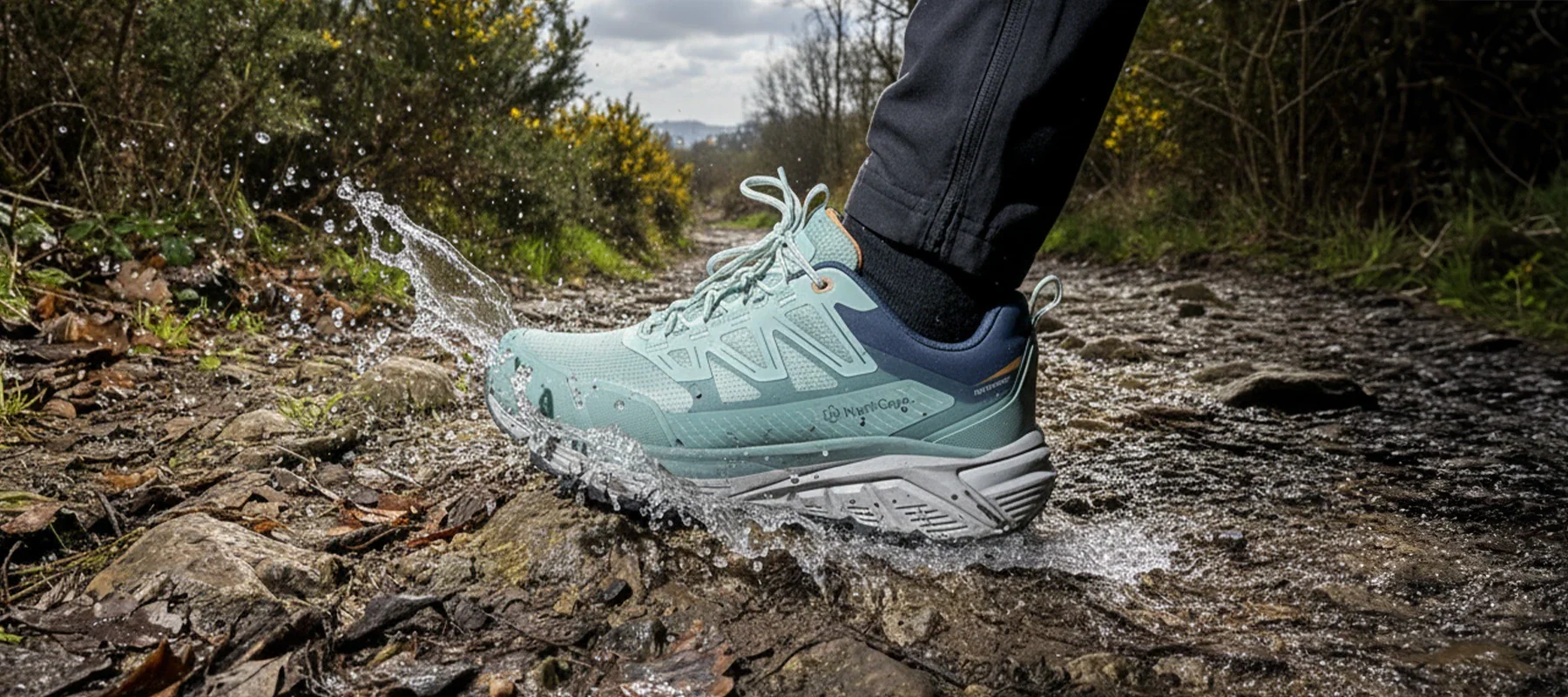 Walking shoe splashing in a puddle on a woodland walking trail