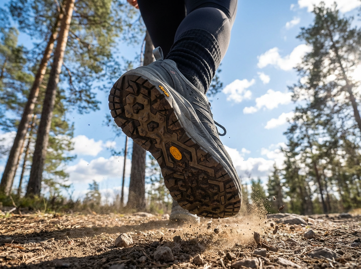 Person hiking on a trail with trees in the background