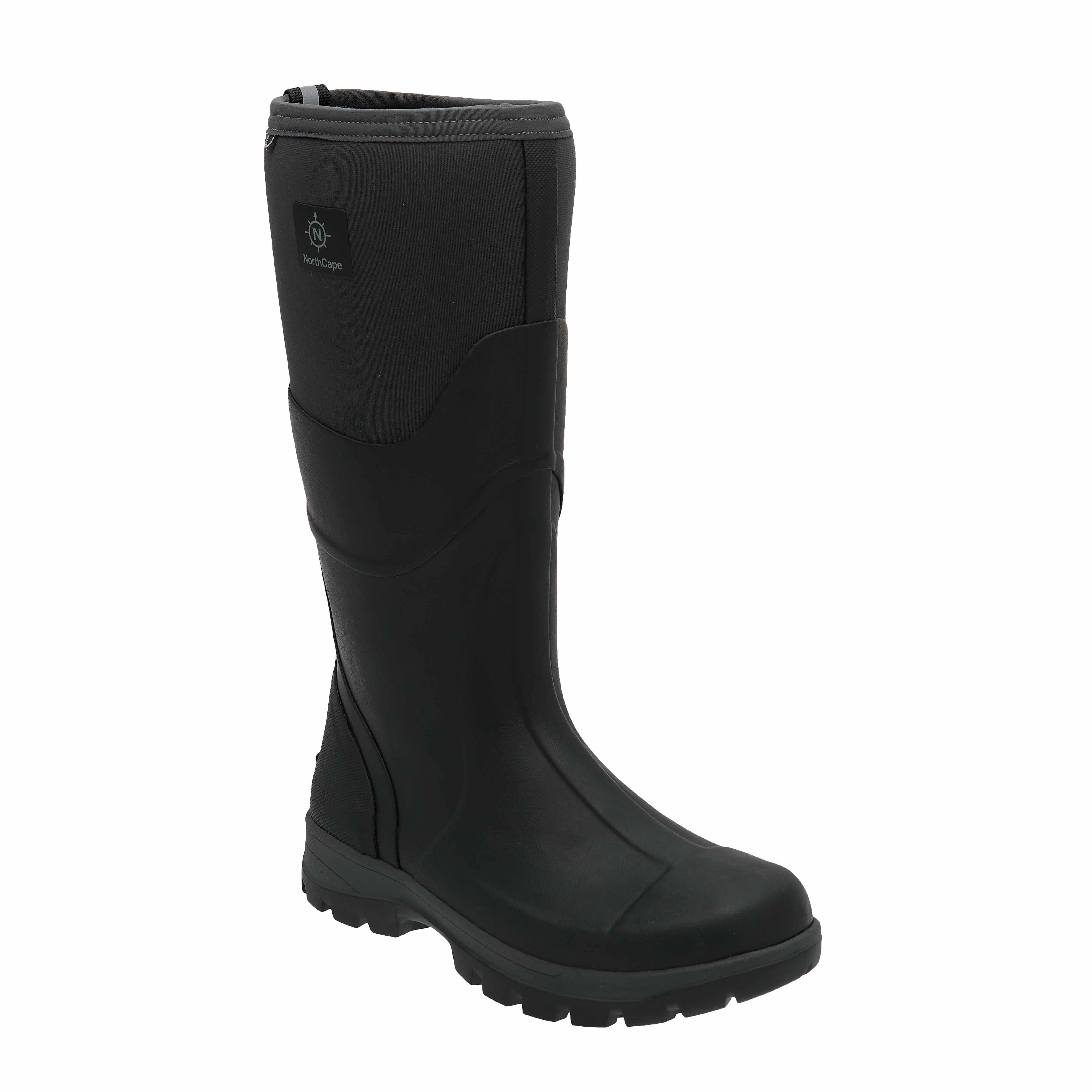 Black rubber boot on a white background