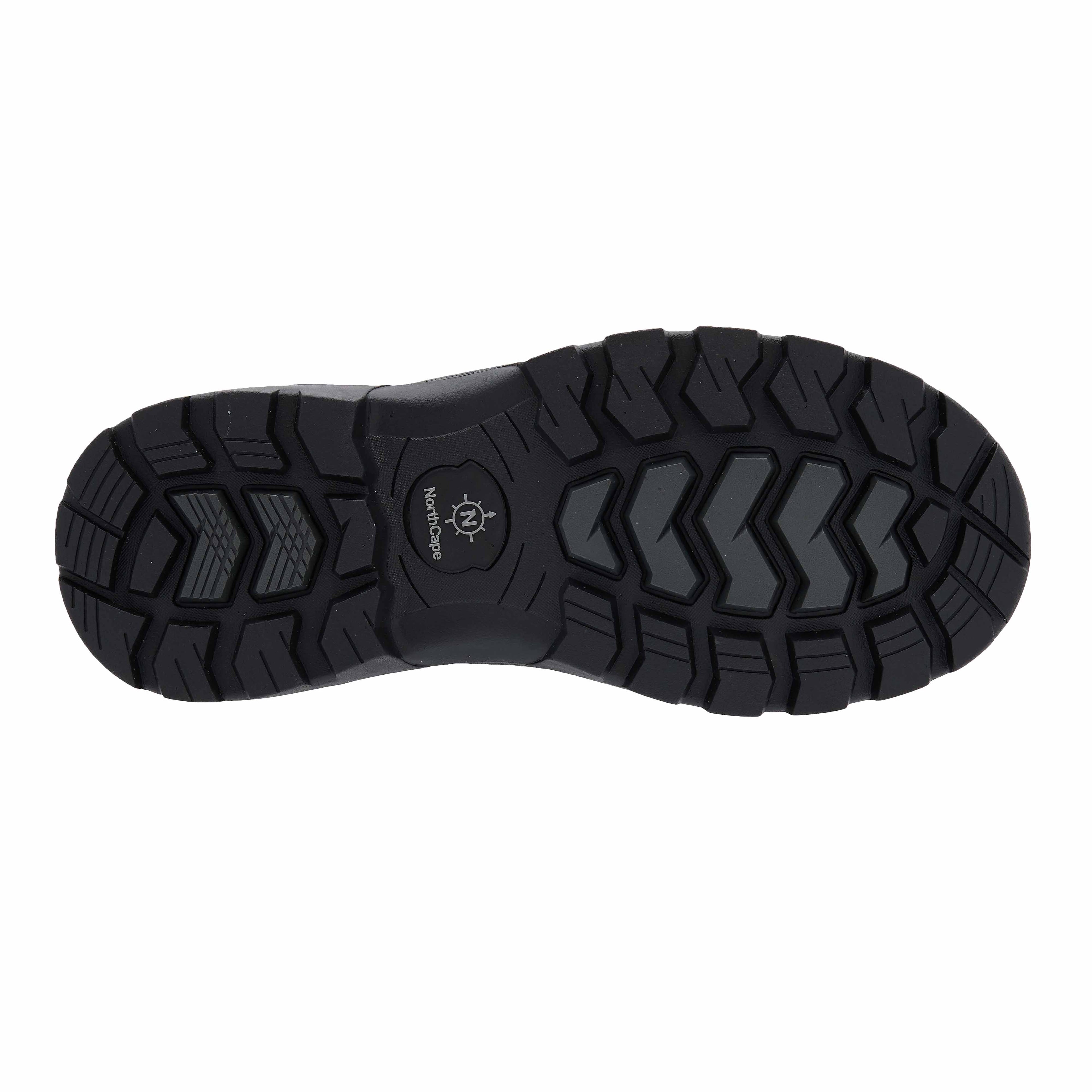 Black shoe sole with tread pattern on a white background