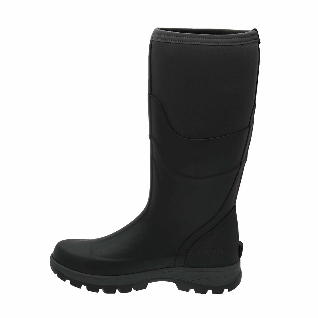 Black rubber boot on a white background