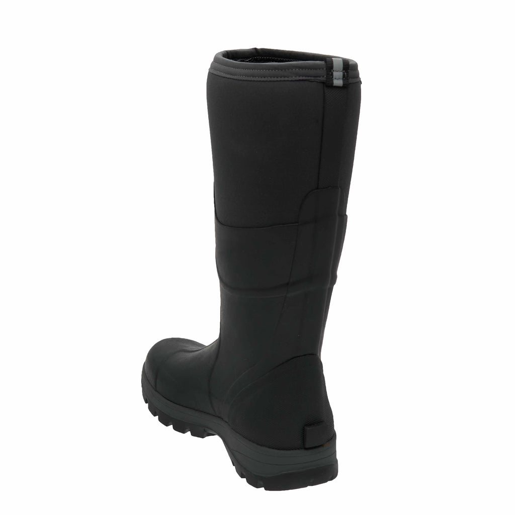 Black rubber boot on a white background