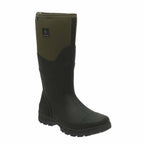 Green and black rubber boot on a white background