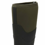 Green and black rubber boot on a white background