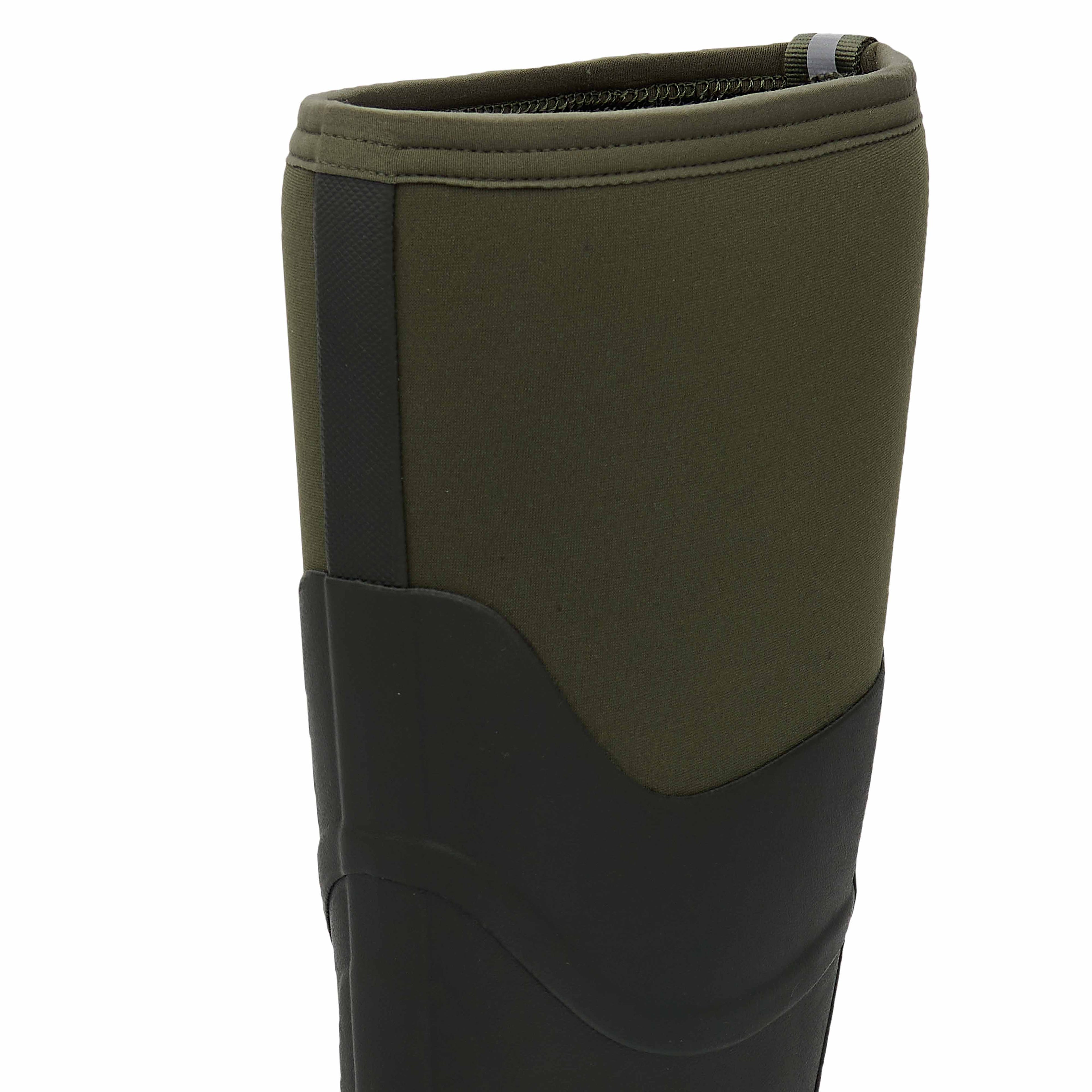 Green and black rubber boot on a white background