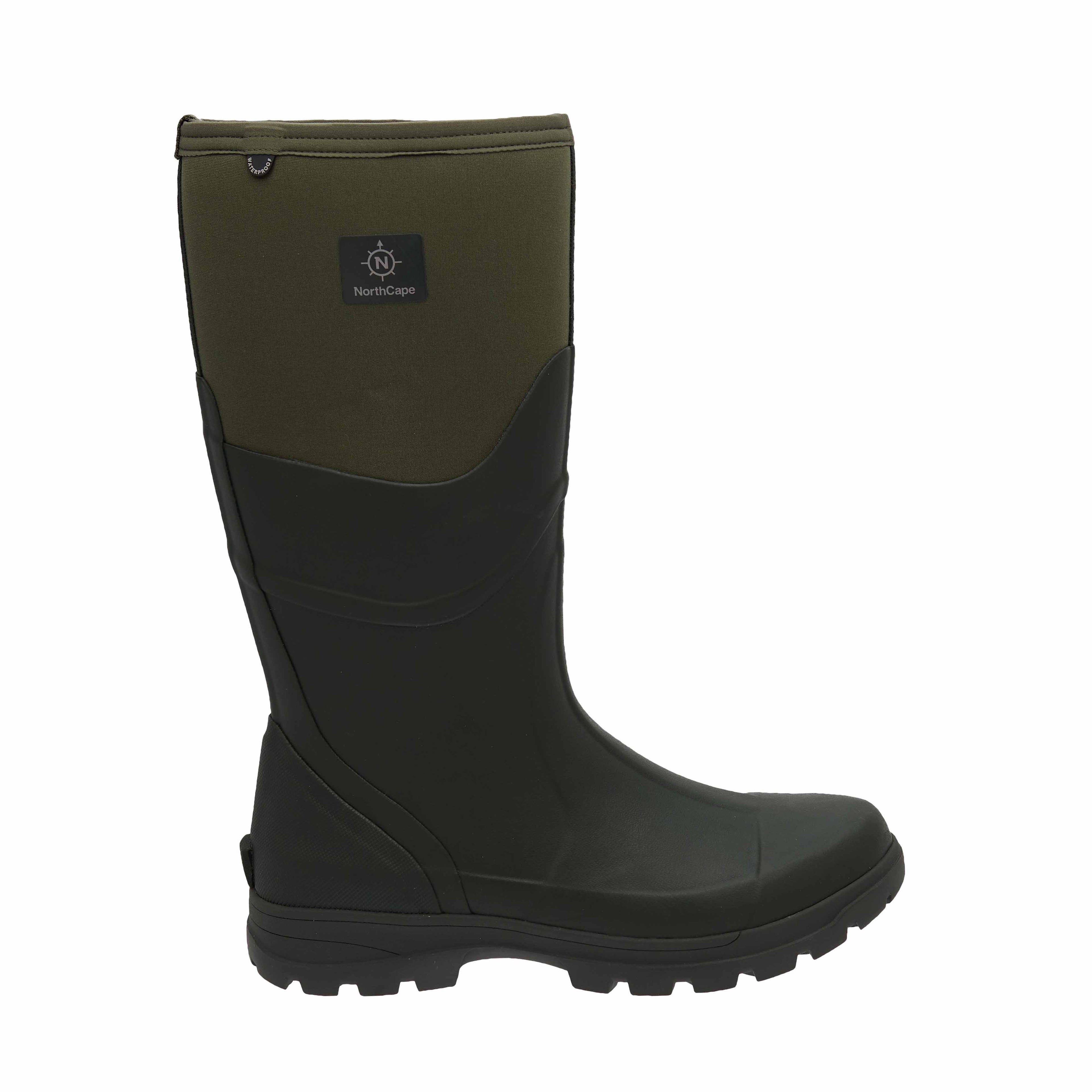 Green and black rubber boot with a visible brand logo on a white background