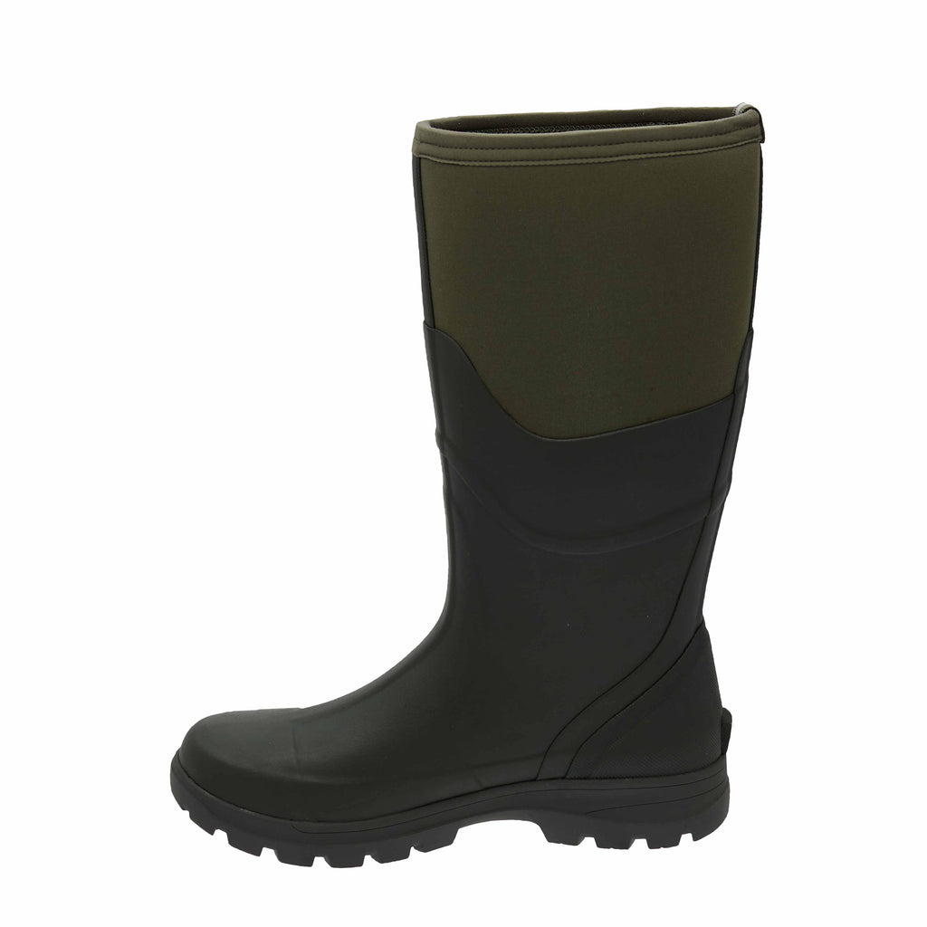 Black and green rubber boot on a white background