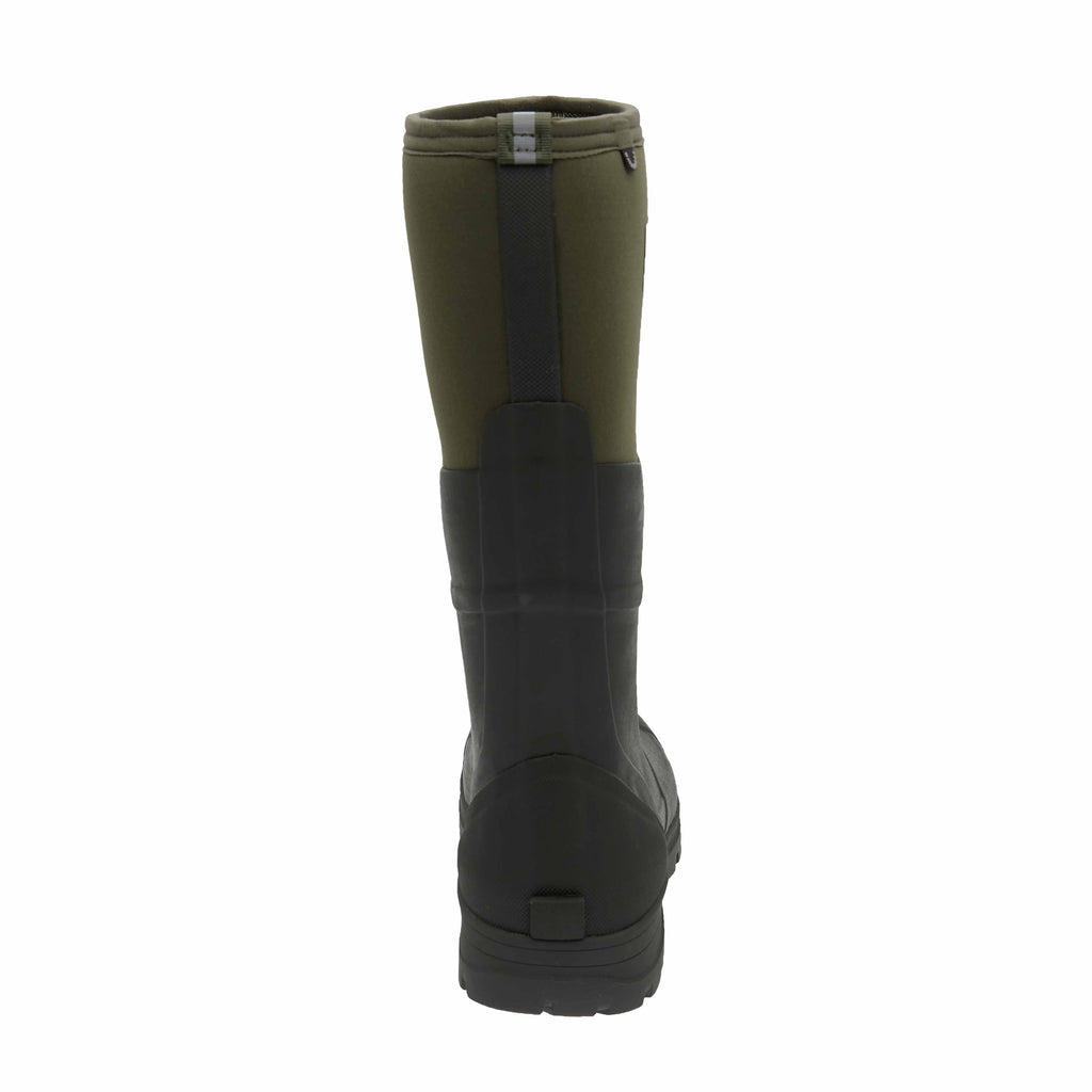 Green and black rubber boot on a white background