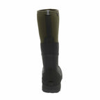 Green and black rubber boot on a white background