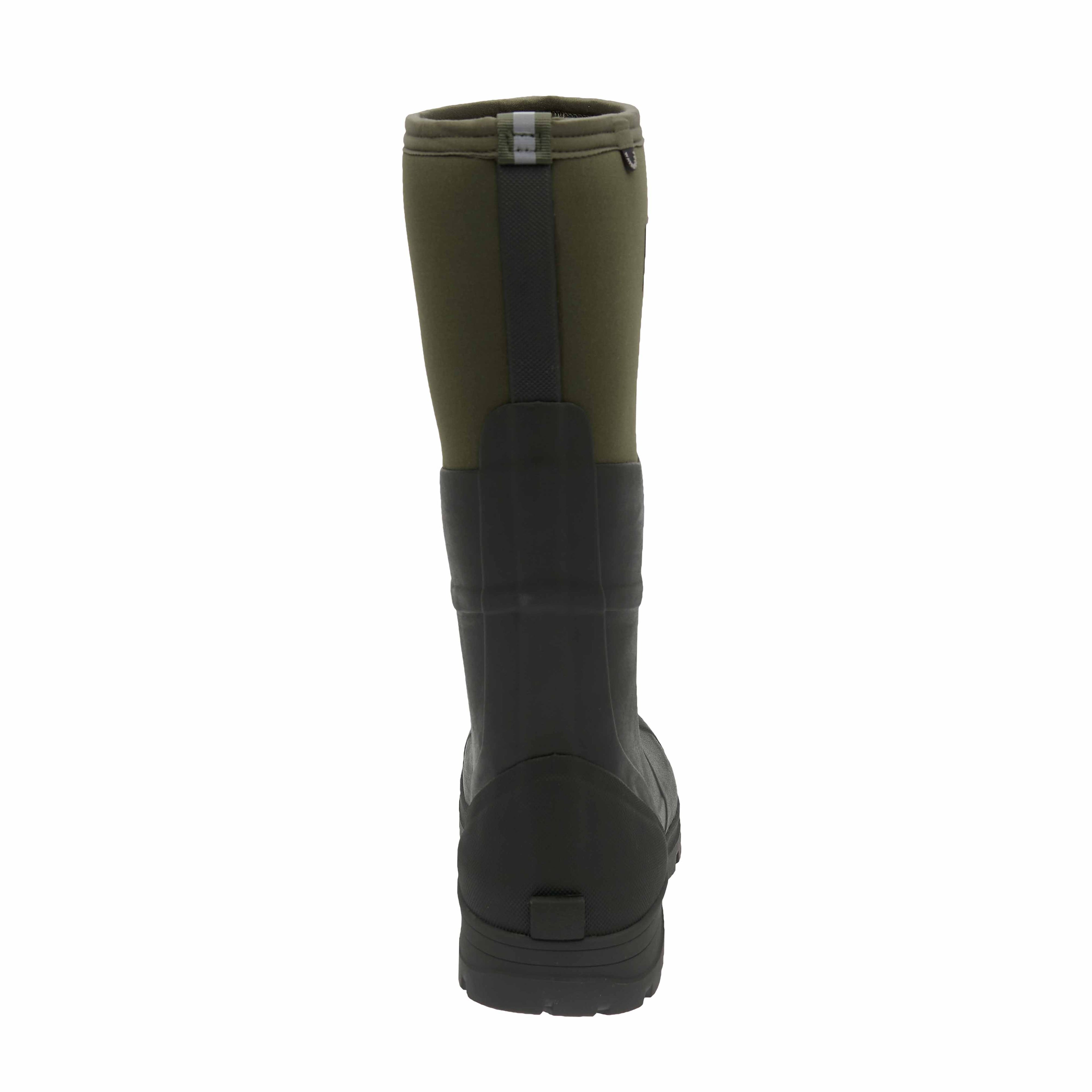 Green and black rubber boot on a white background