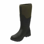 Green and black rubber boot on a white background