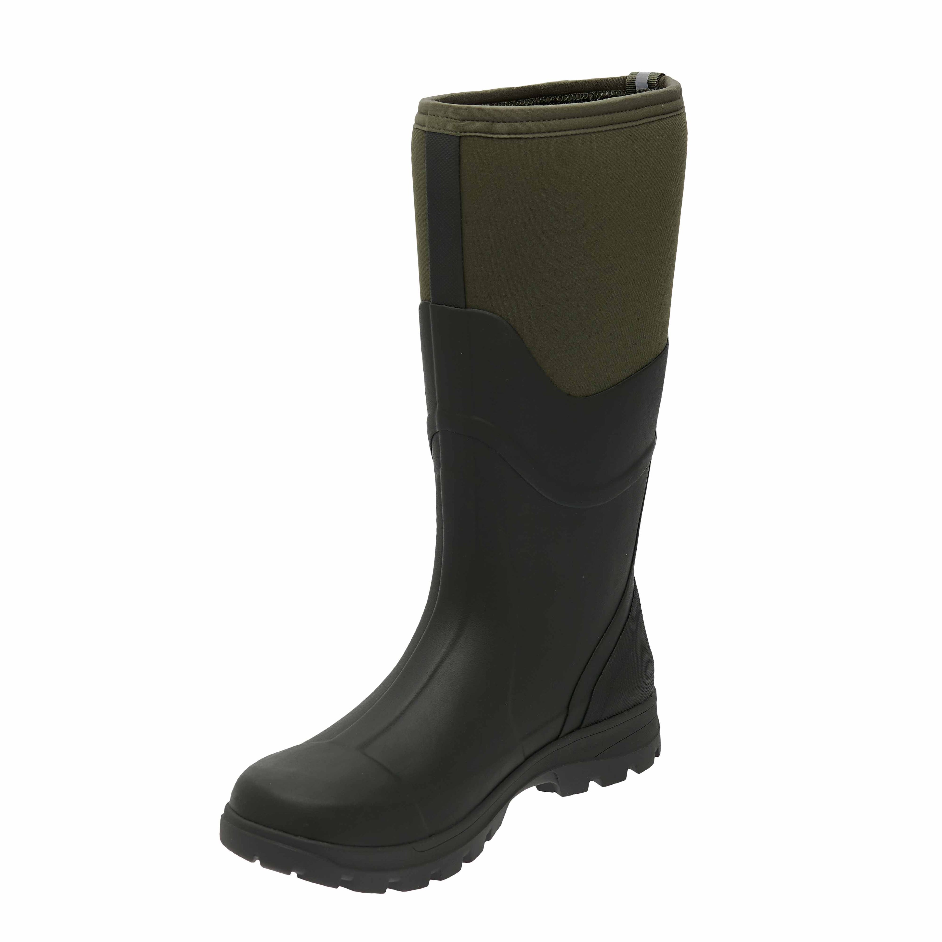 Green and black rubber boot on a white background