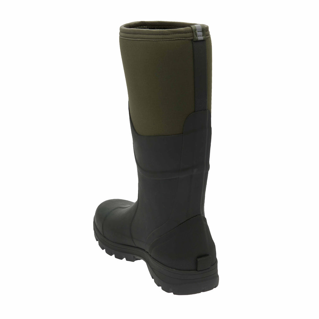 Green and black rubber boot on a white background