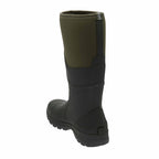 Green and black rubber boot on a white background