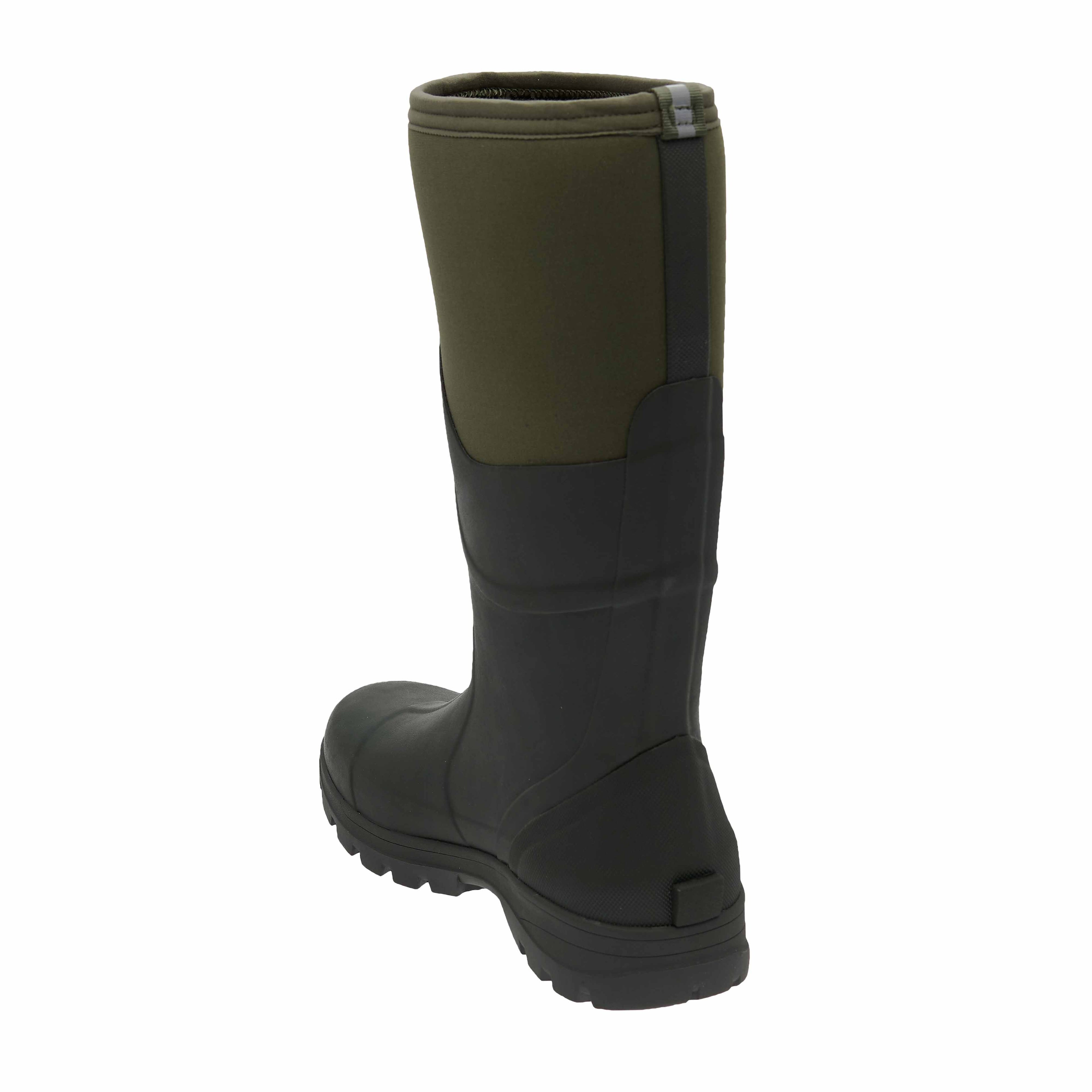 Green and black rubber boot on a white background