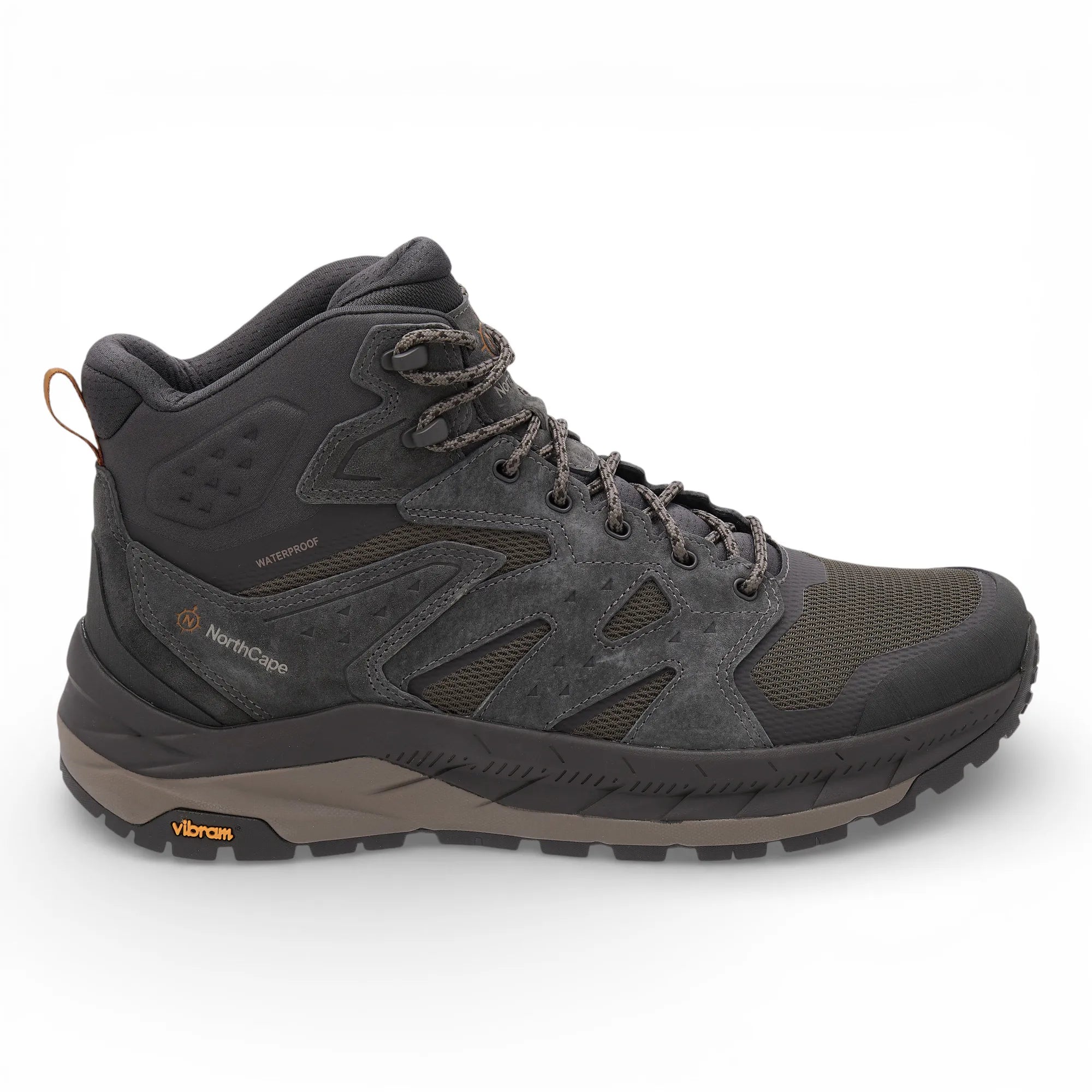 Gray hiking boot with visible branding on a white background