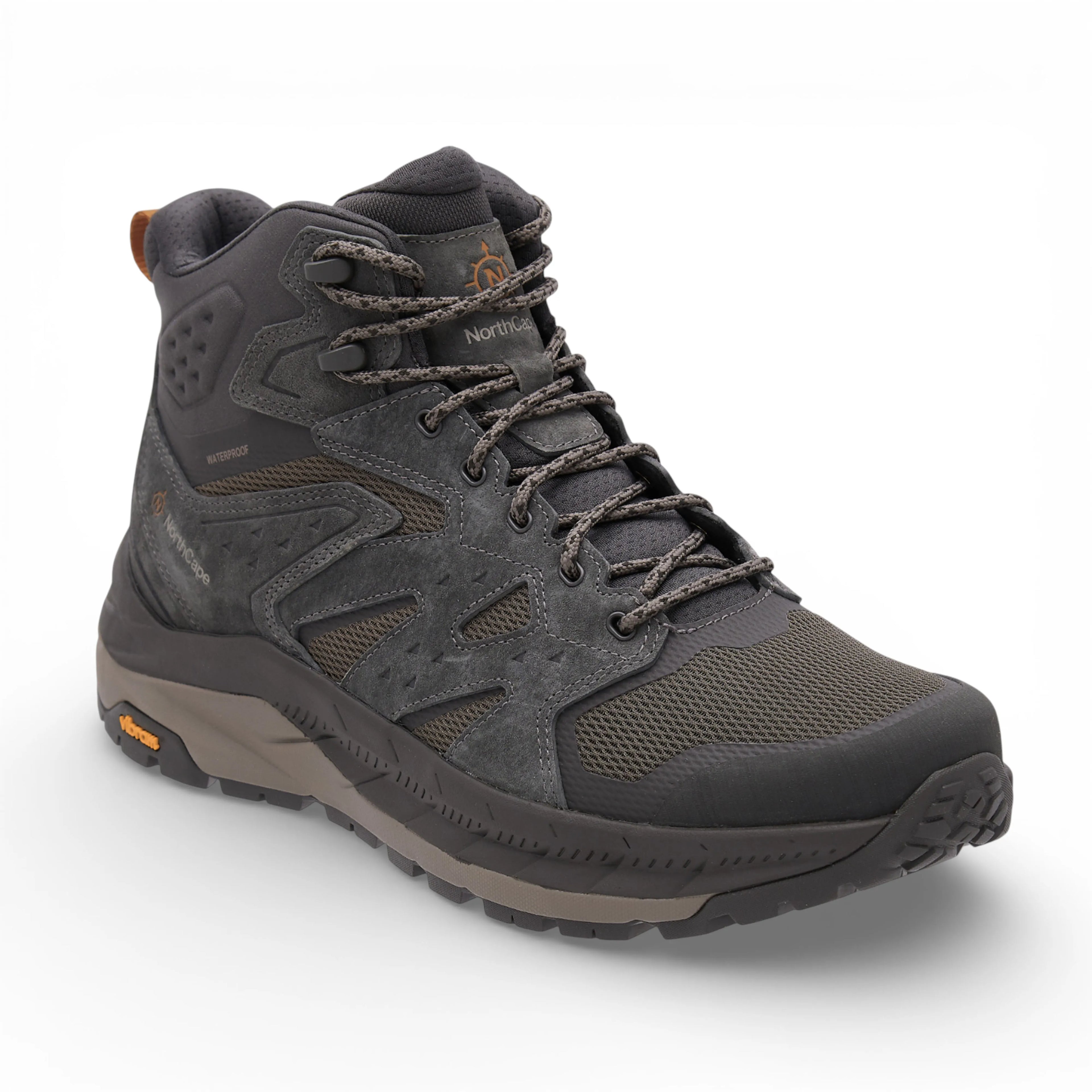 Gray hiking boot with visible branding on a white background