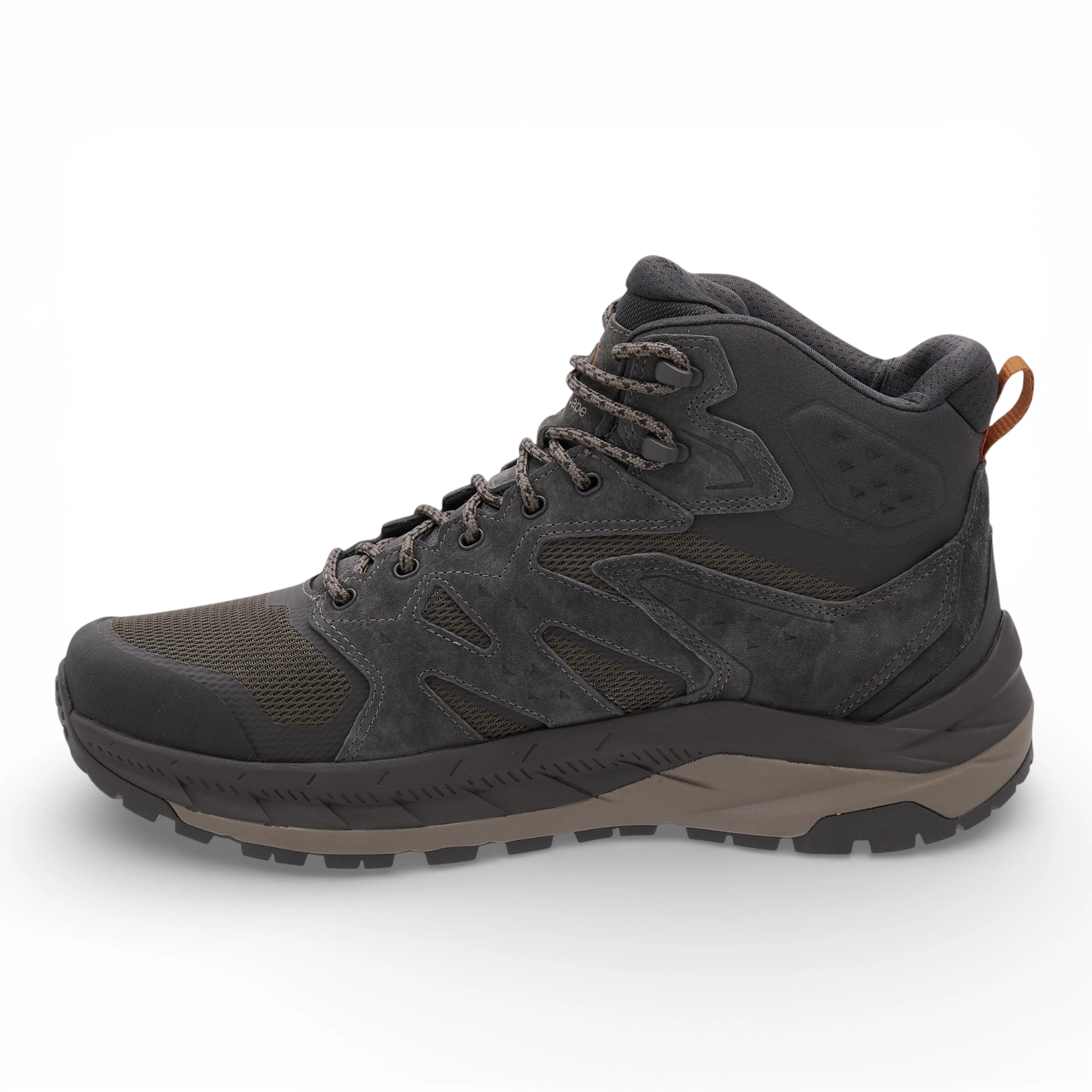 Gray hiking boot with visible branding on a white background