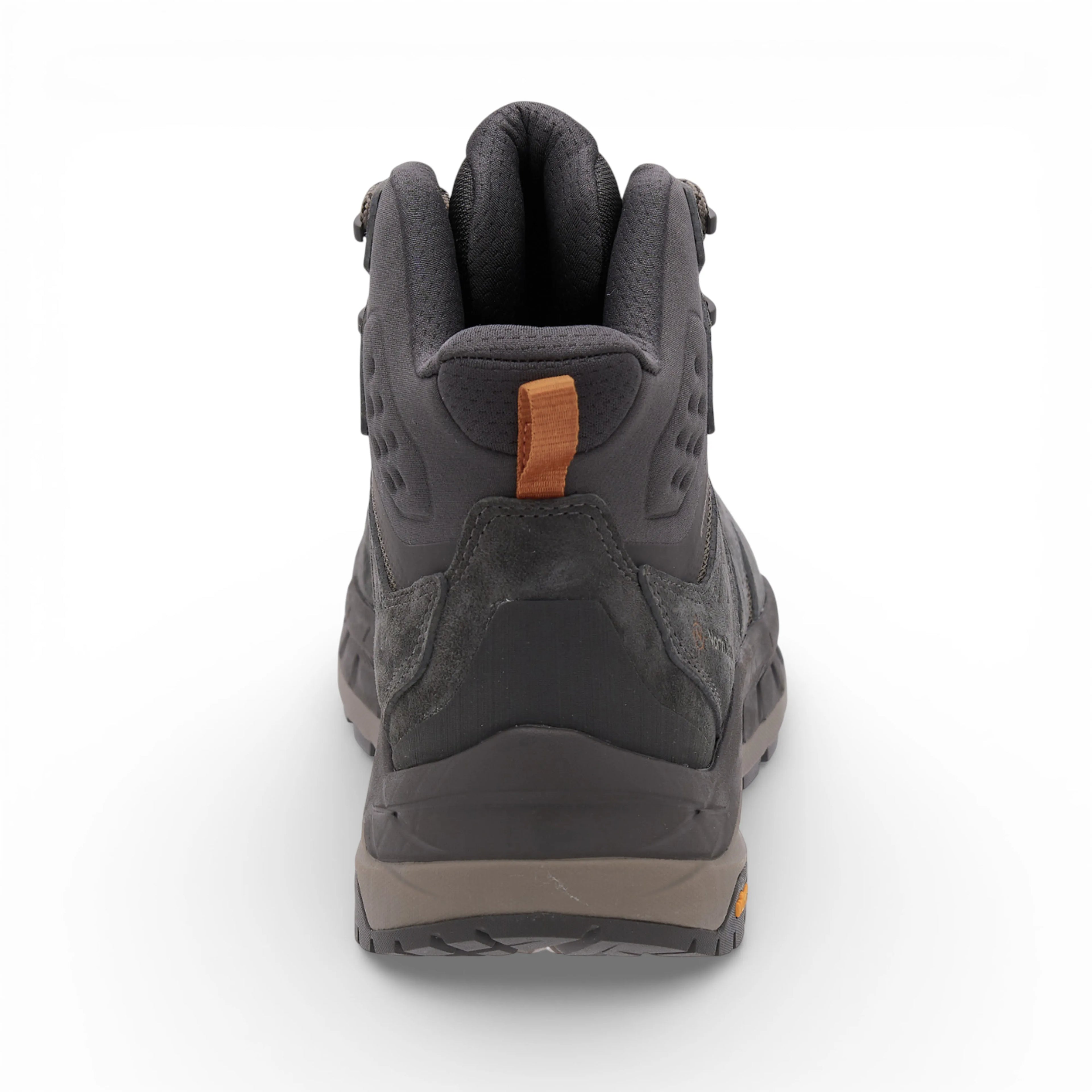 Dark gray hiking boot with brown accent on a white background
