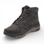 Dark gray hiking boot with brown accents on a white background