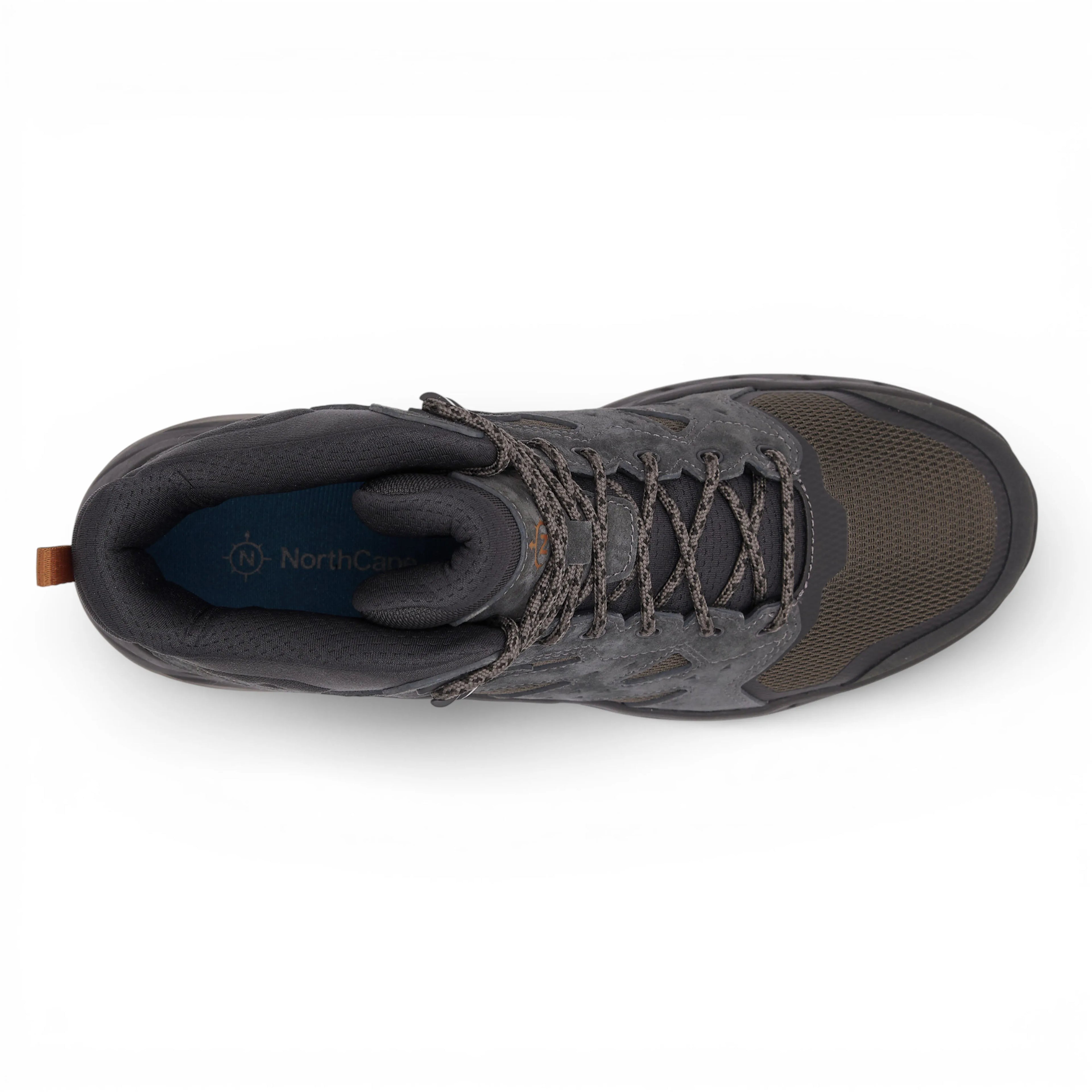Gray hiking boot with visible branding on a white background
