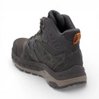 Gray hiking boot with brown accents on a white background