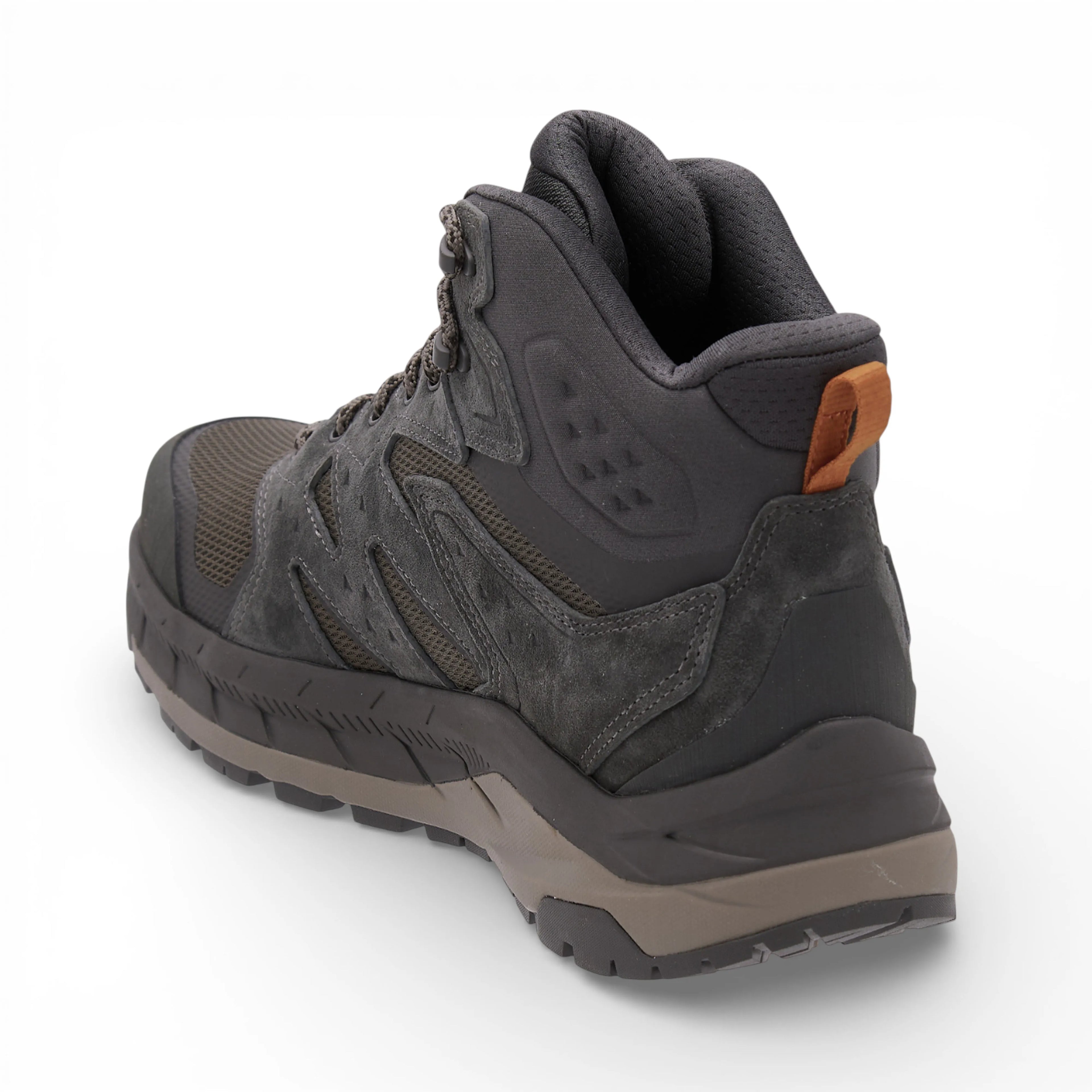 Gray hiking boot with brown accents on a white background