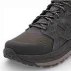 Gray hiking boot with visible branding on a white background