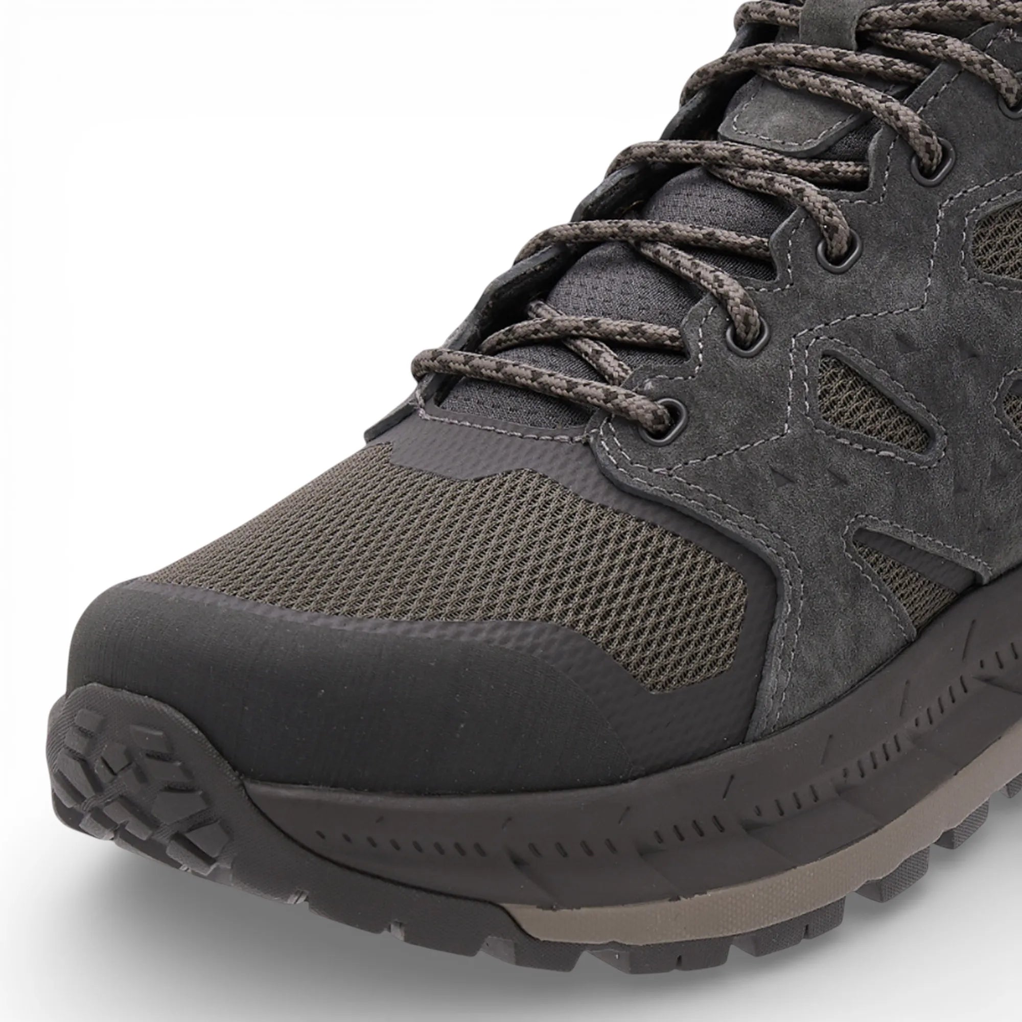 Gray hiking boot with visible branding on a white background