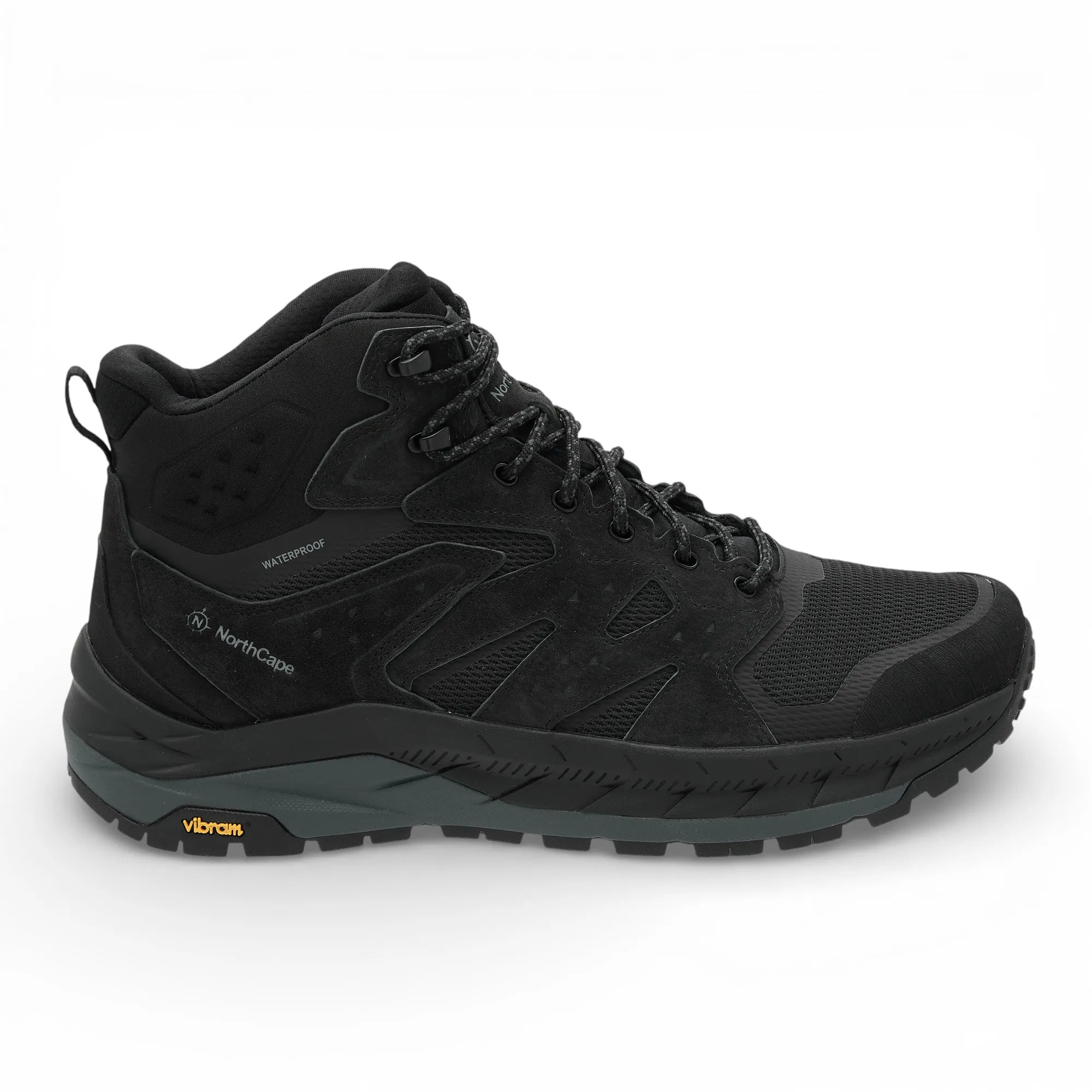 Black hiking boot with visible brand logos on a white background