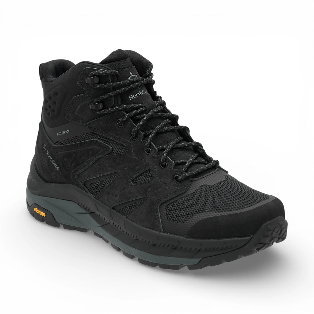Black hiking boot on a white background