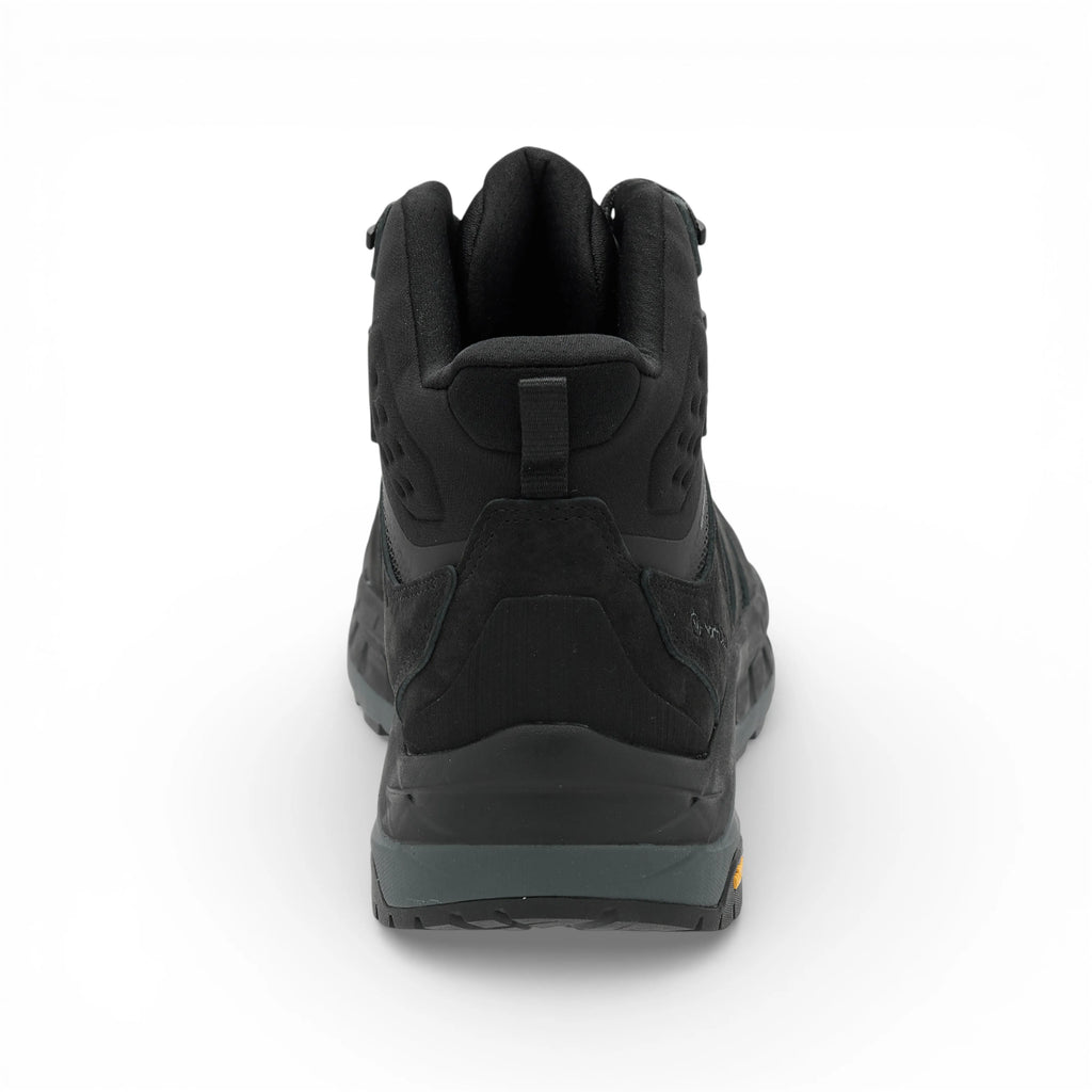 Black hiking boot with visible brand logos on a white background