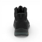 Black hiking boot with visible brand logos on a white background