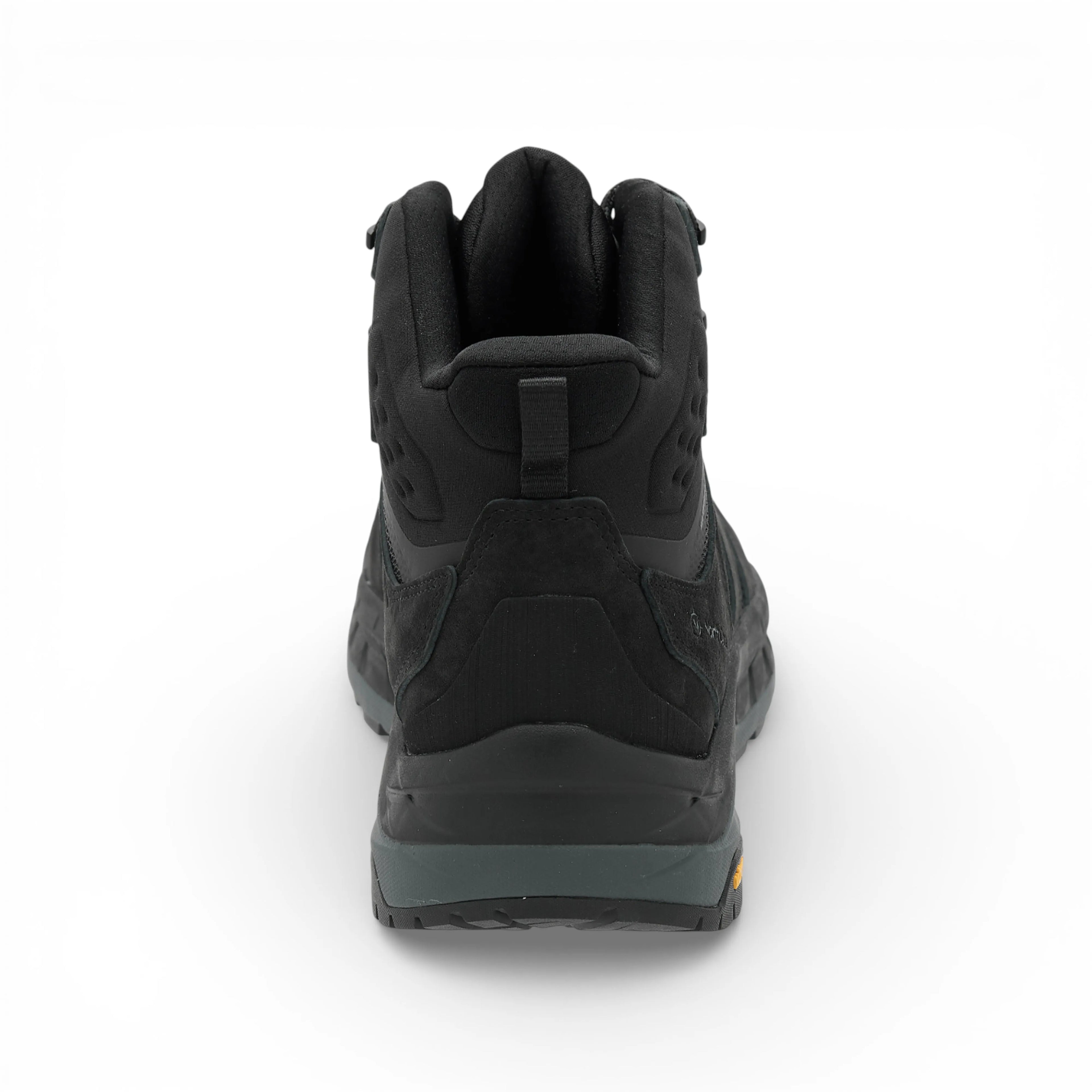 Black hiking boot with visible brand logos on a white background