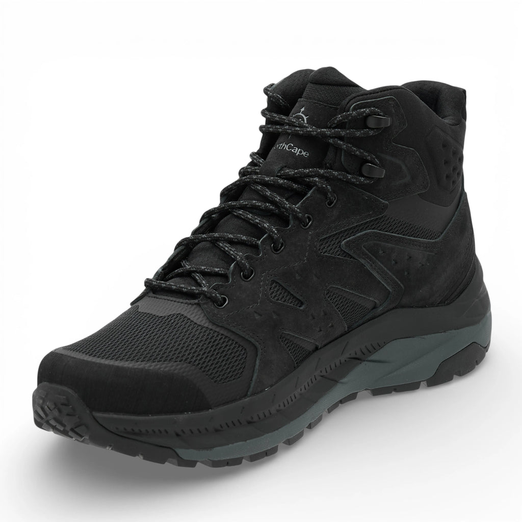 Black hiking boot on a white background