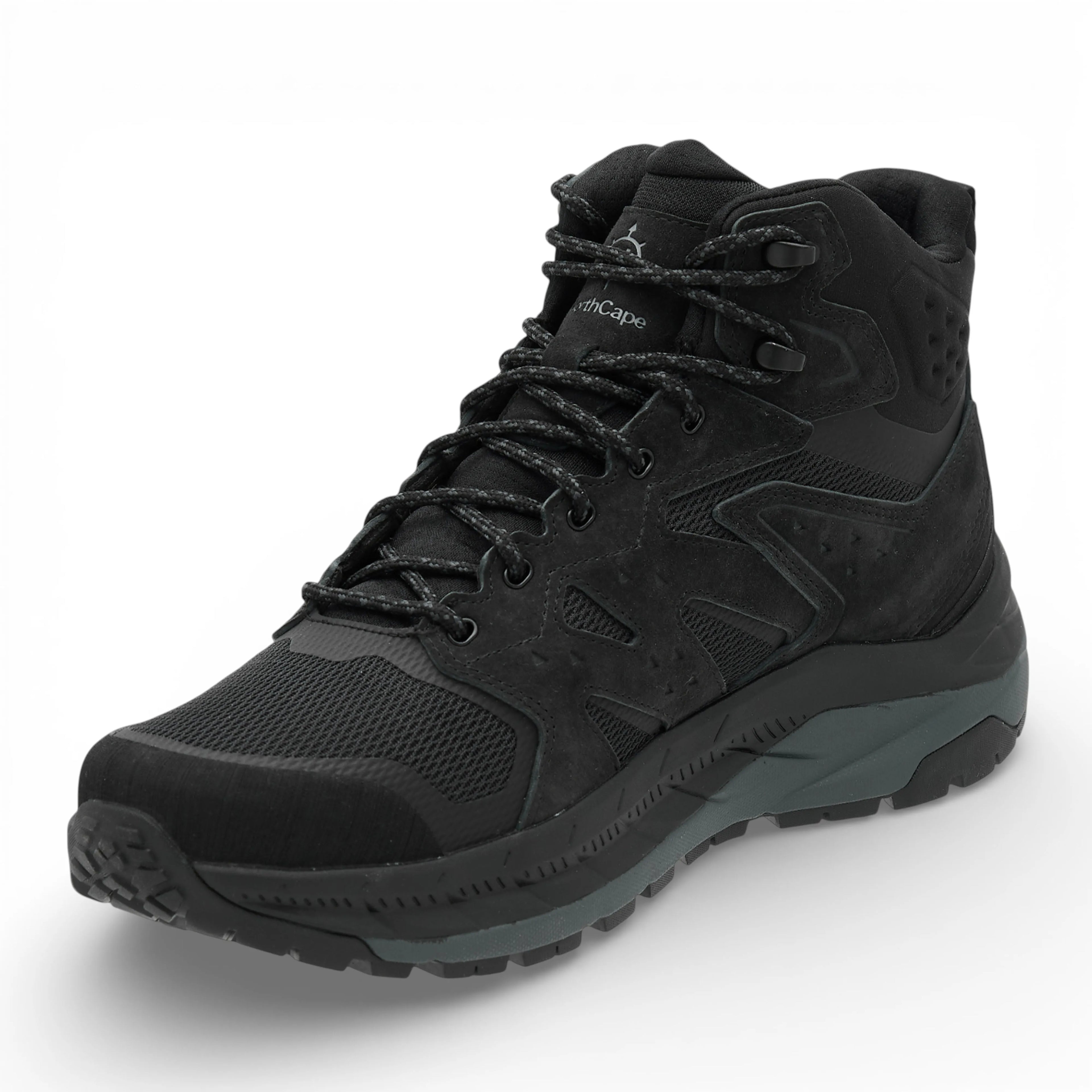 Black hiking boot on a white background