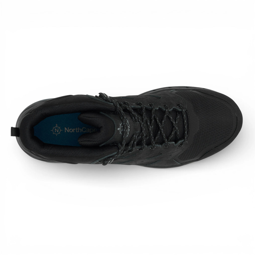 Black hiking boot with visible brand logo on a white background