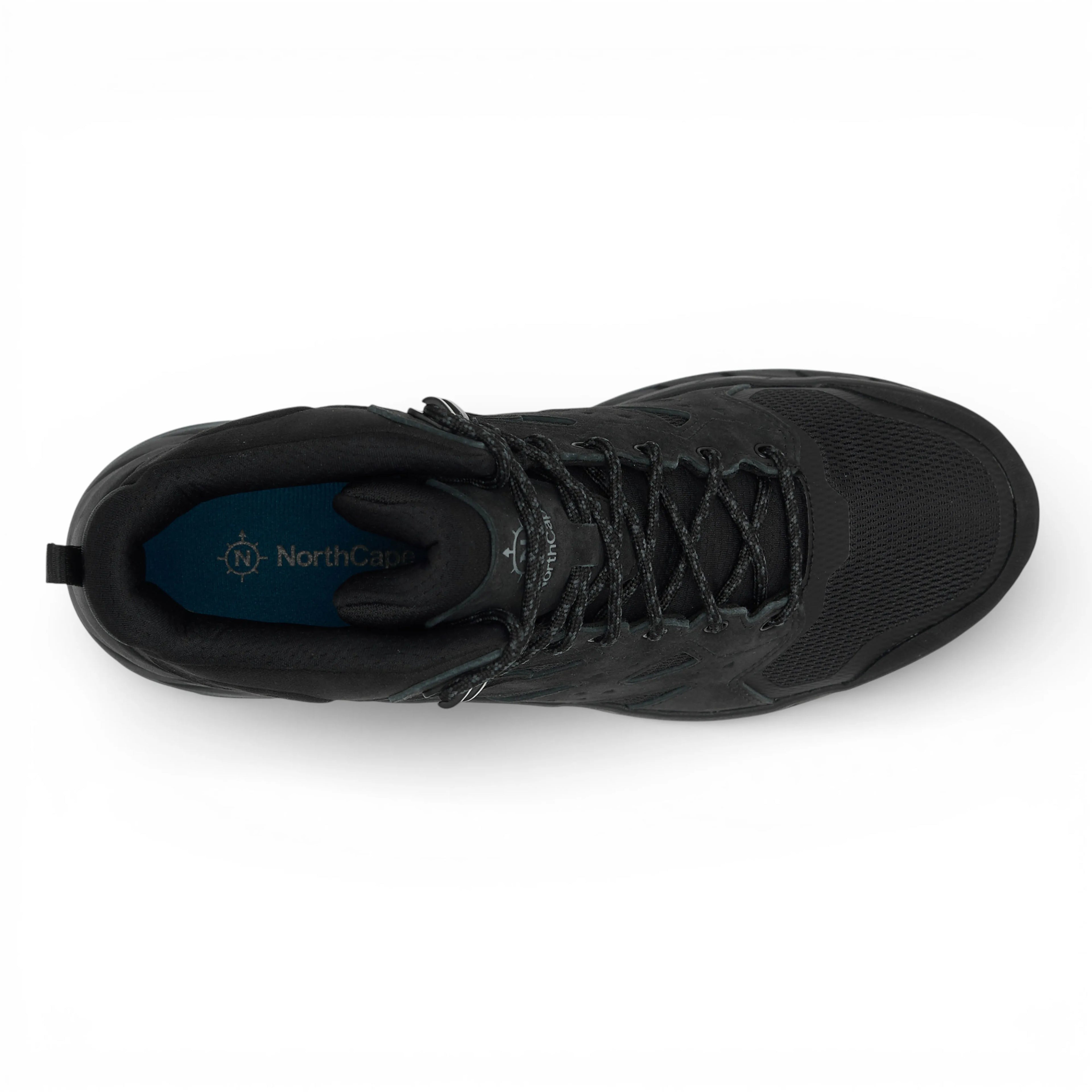 Black hiking boot with visible brand logo on a white background