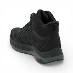 Black high-top sneaker with a textured sole on a white background