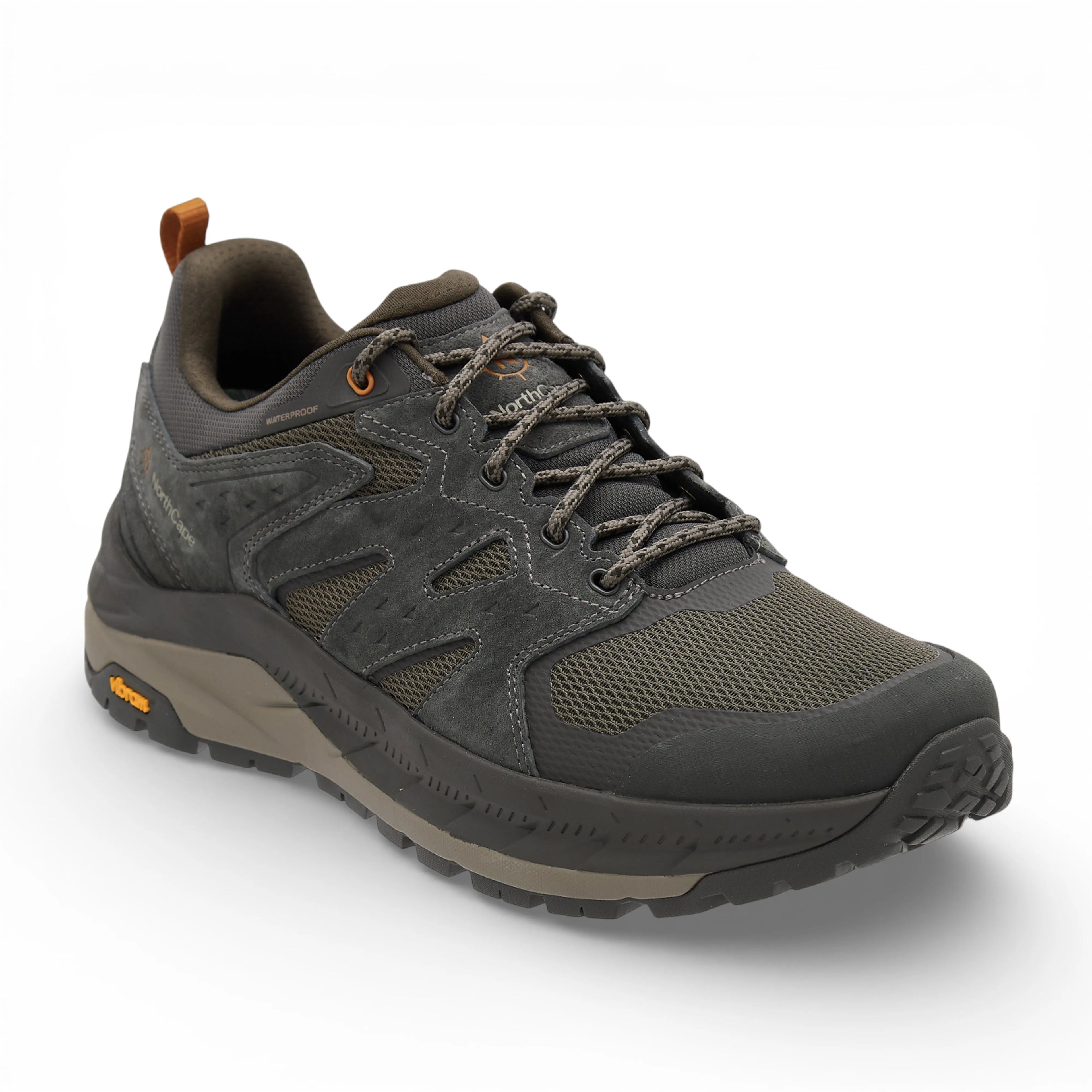 Gray hiking shoe with brown accents on a white background