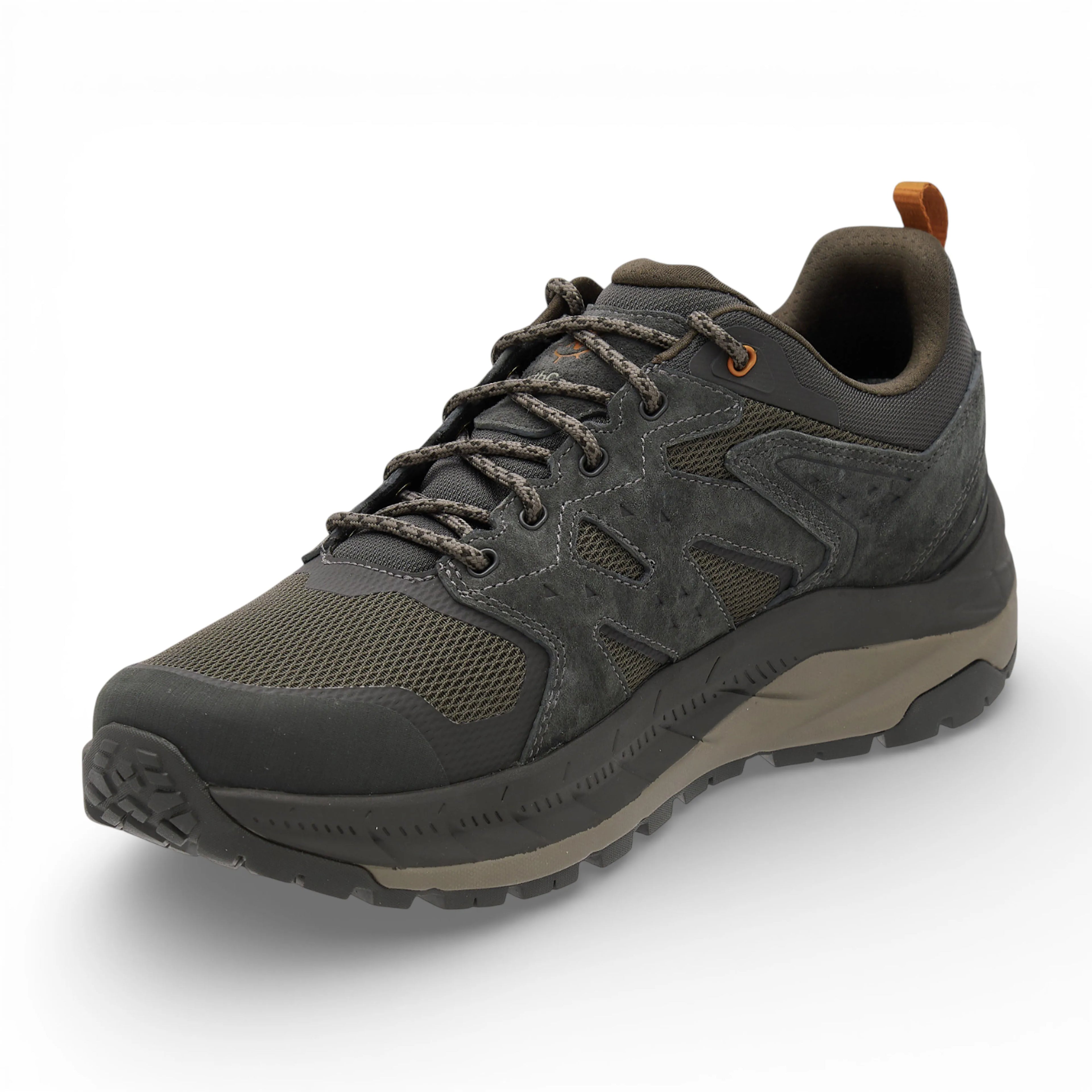 Gray hiking shoe with brown accents on a white background