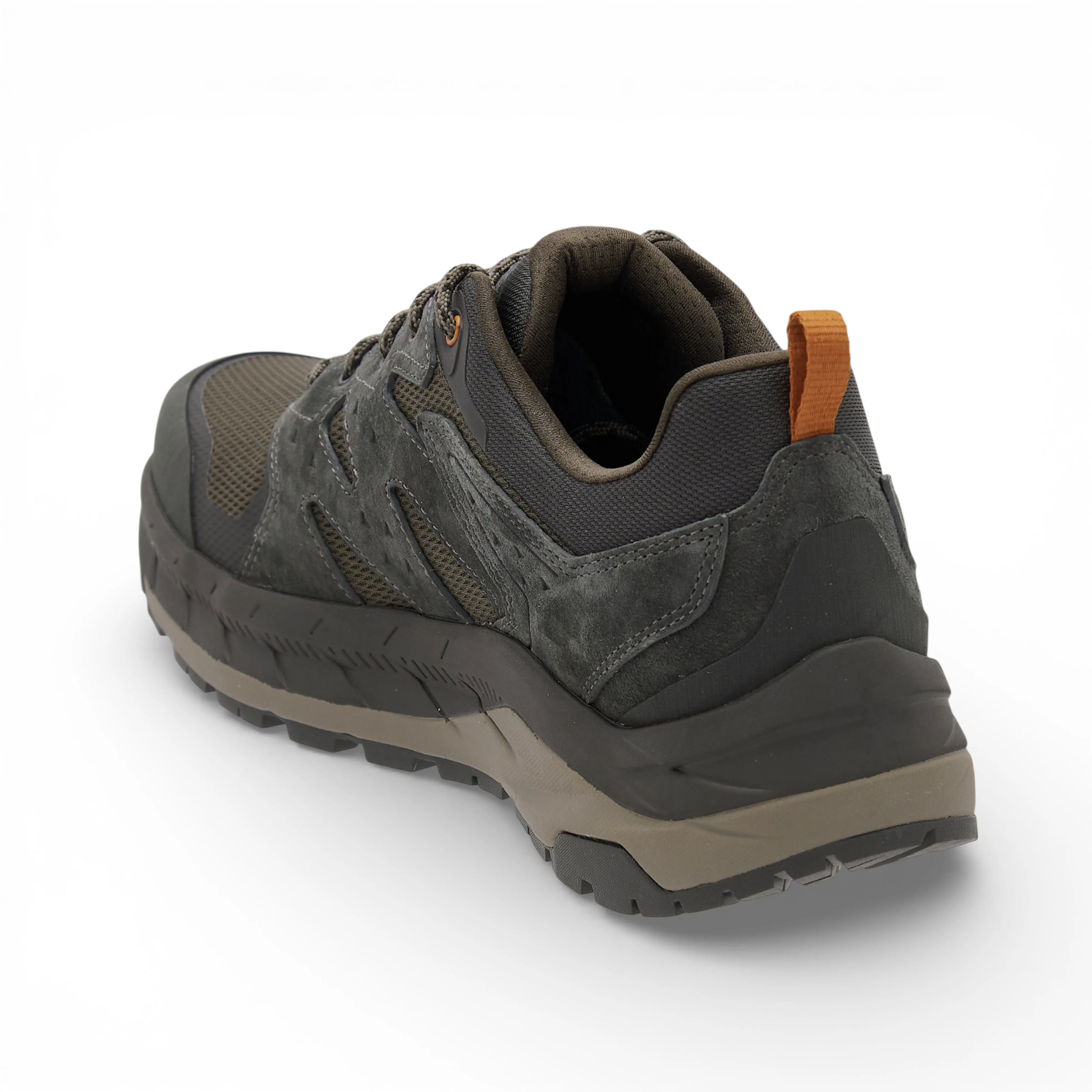 Gray hiking shoe with brown accents on a white background