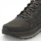Gray hiking boot with black sole on a white background