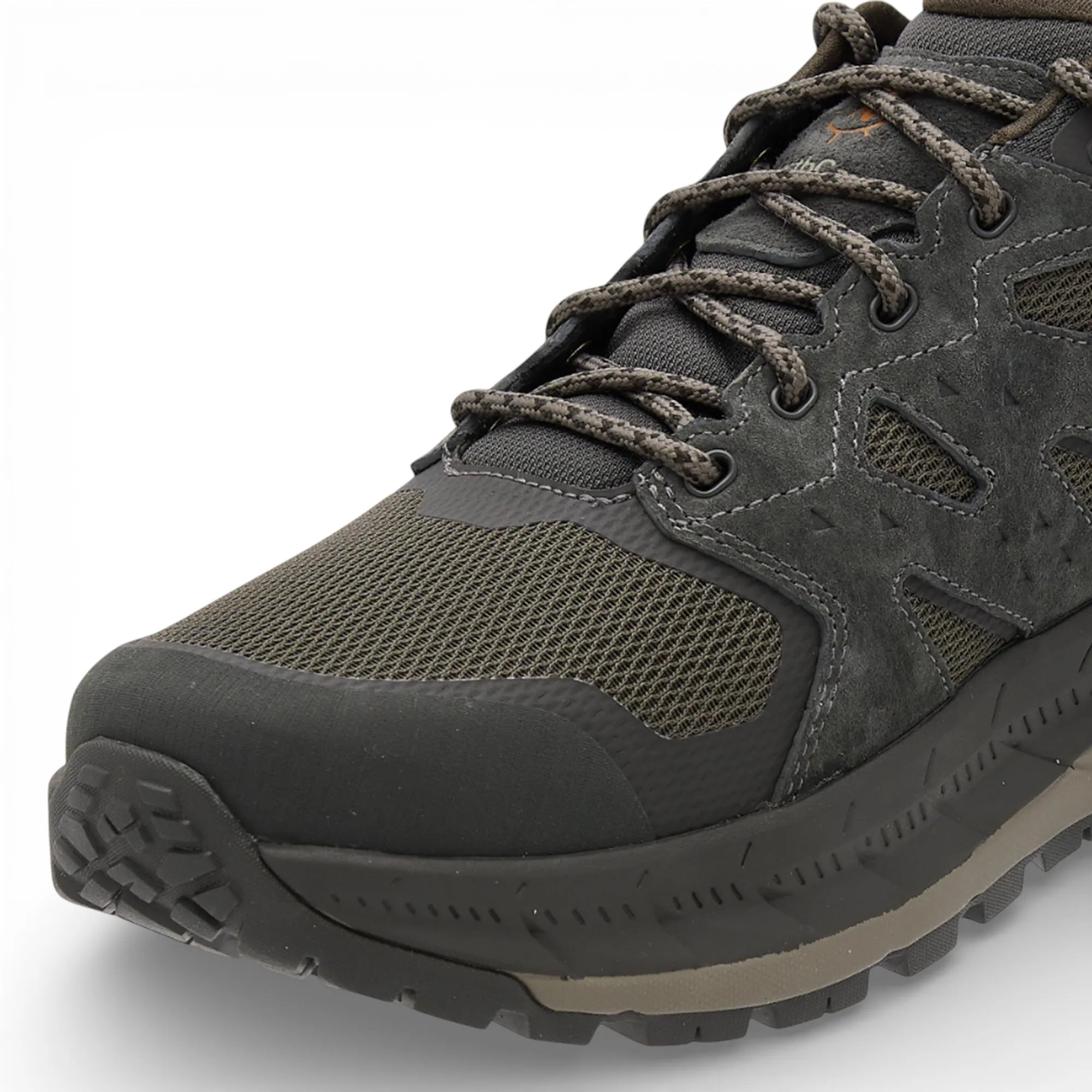 Gray hiking boot with black sole on a white background