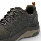 Gray hiking shoe with brown accents on a white background