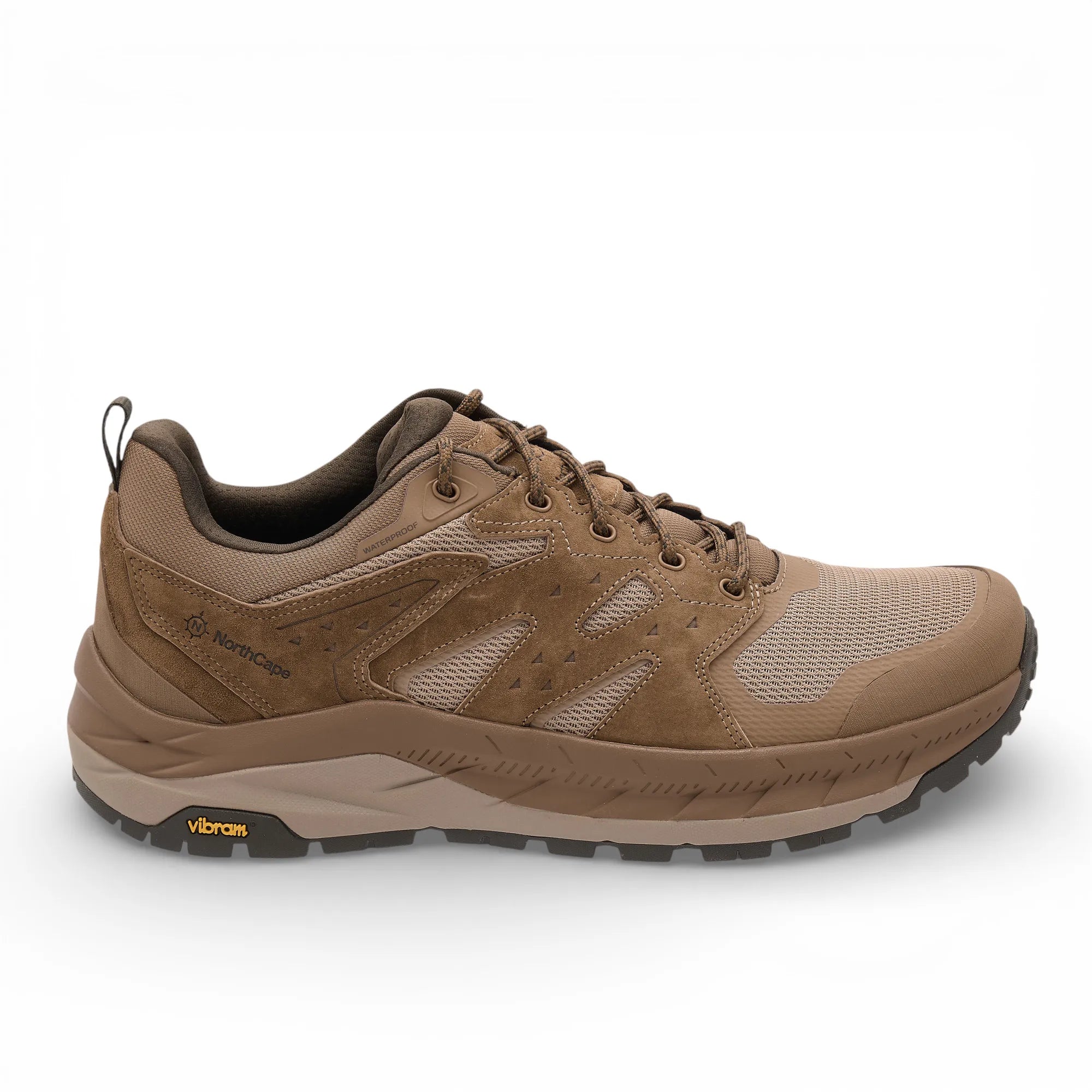 Brown hiking shoe with visible brand logo on a white background