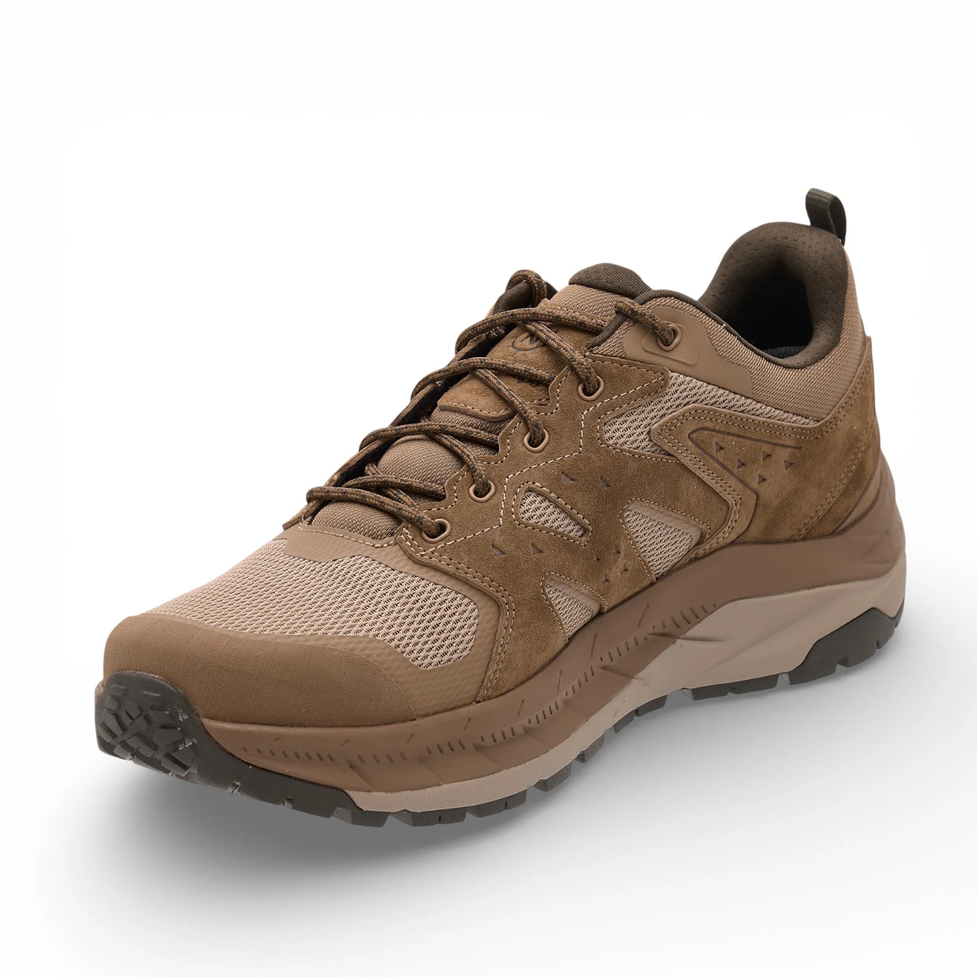 Brown hiking shoe on a white background