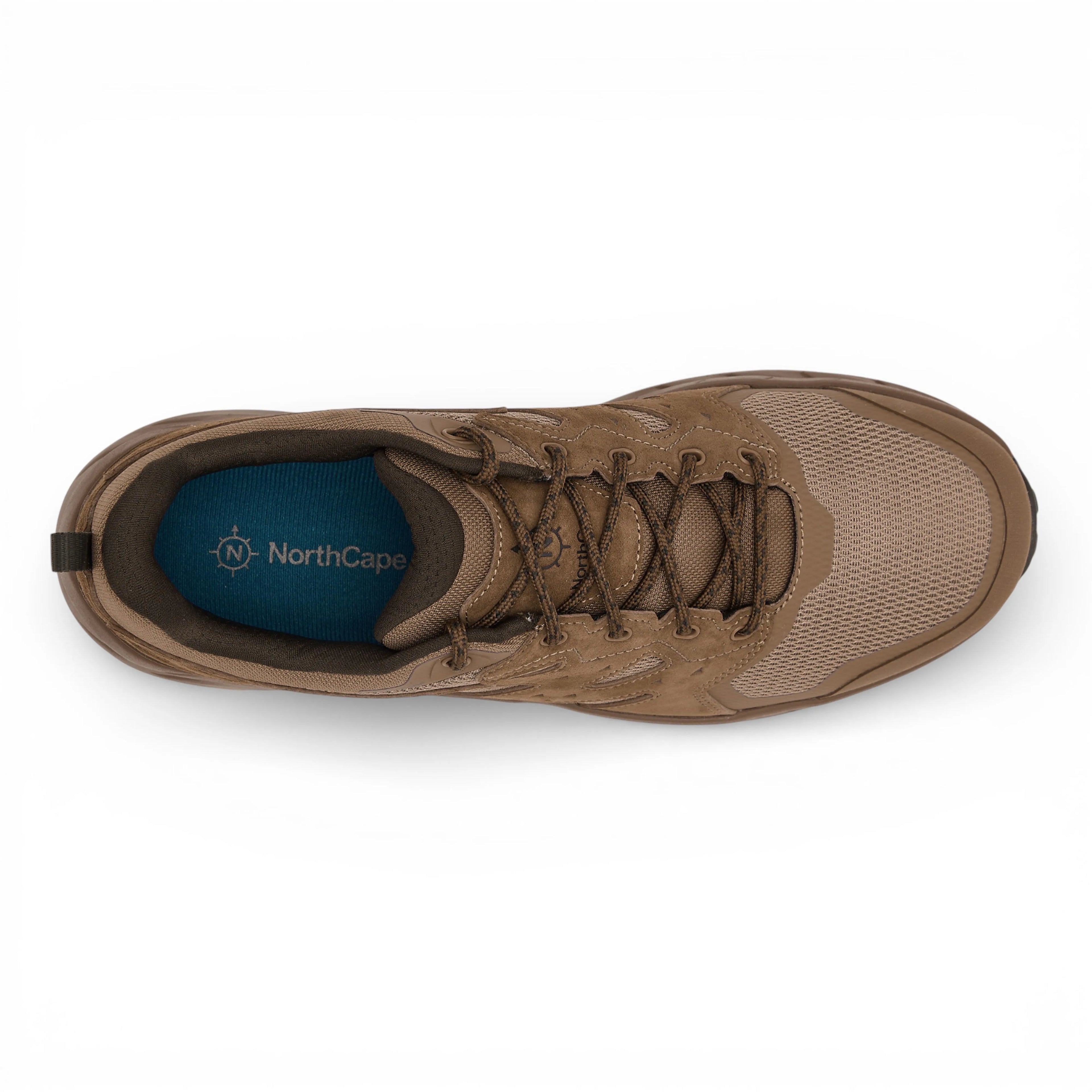 Brown sneaker with visible brand logo on a white background