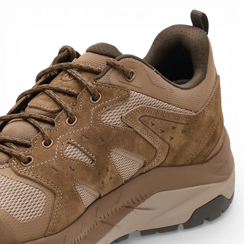 Brown hiking shoe with visible brand logo on a white background